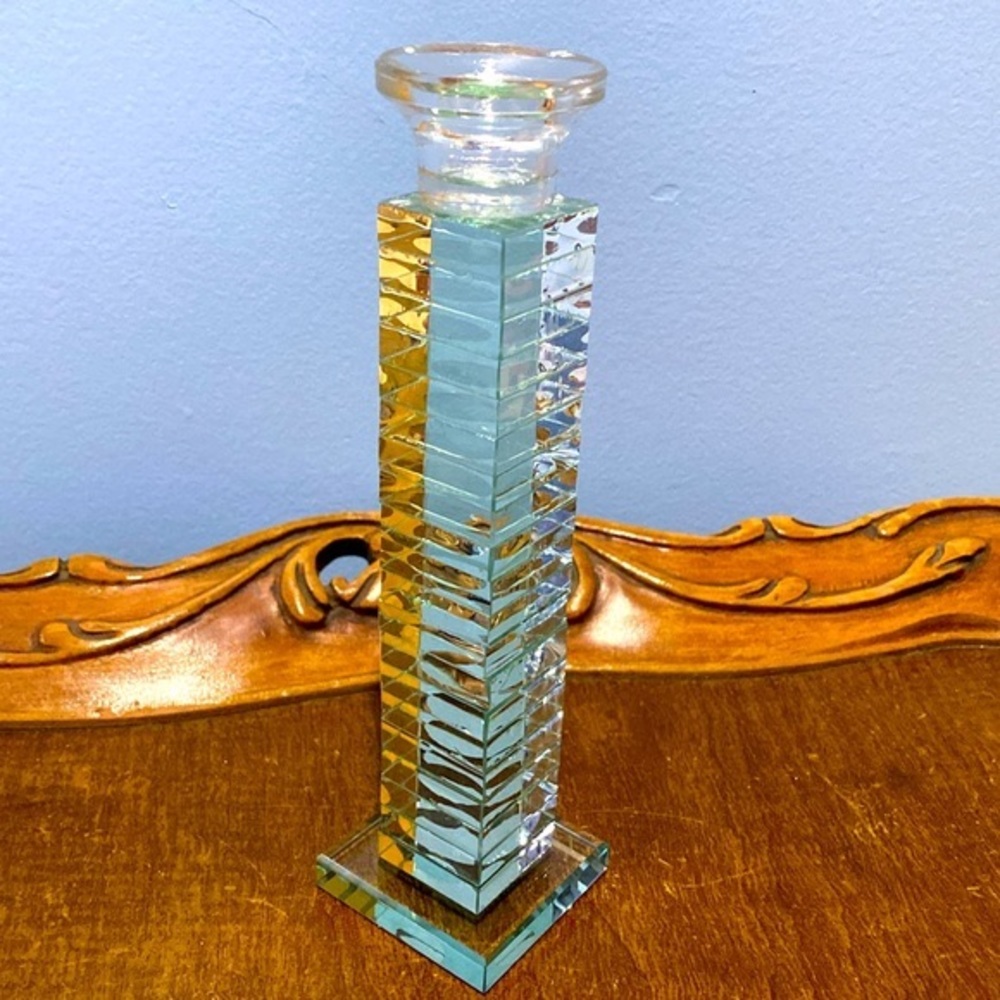 Vintage Crystal Unique Aquamarine Candle Holder Full Lead Stick Tower Designed !